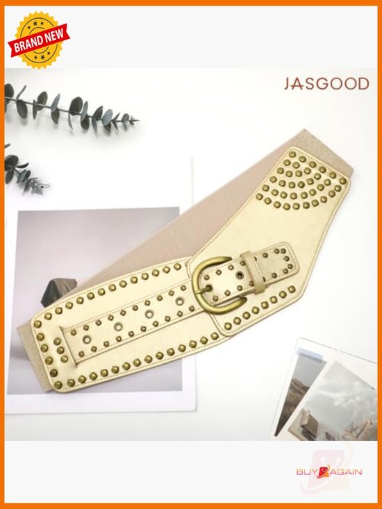 Vintage Wide Elastic Waist Belt with Studs Rivets Metal Buckle Stretchy